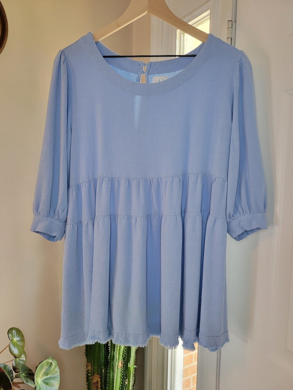 Shop The Mint Light Blue Tiered Linen Cotton Blend Tunic, Size Medium